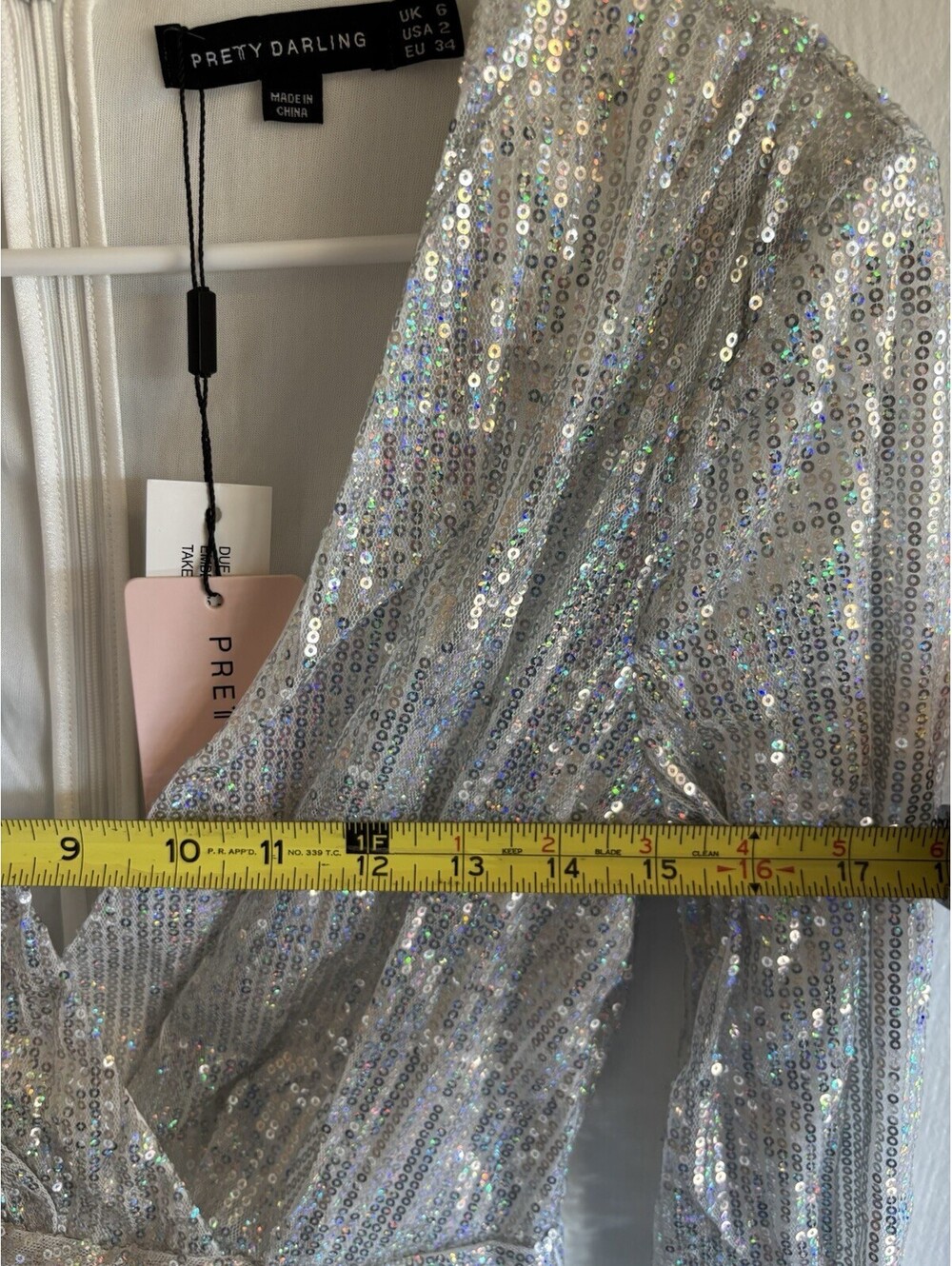 NWT Pretty Darling Silver Sequin Wrap Long Sleeve Maxi Dress White Size 2 - Picture 7 of 8